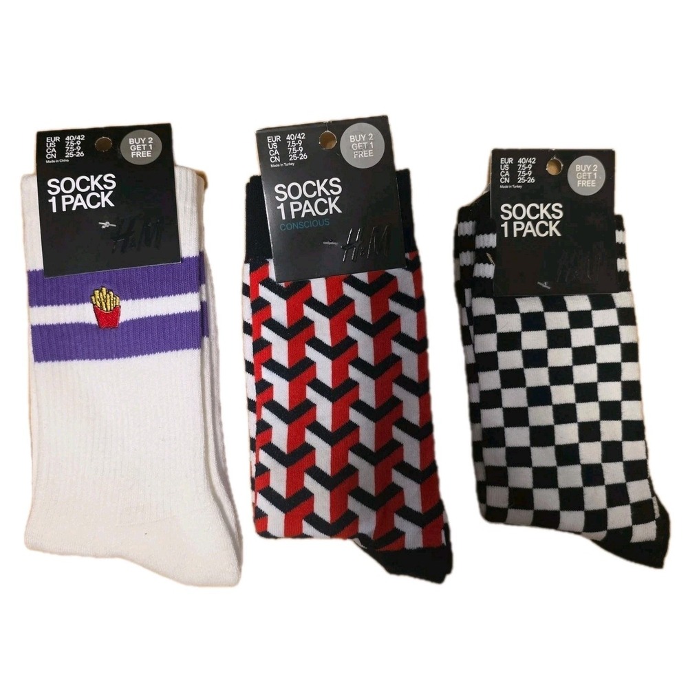 NEW Set Of 3 Men's H&M CREW SOCKS SIZE (7.5 - 9) Fries, Black White Checkered